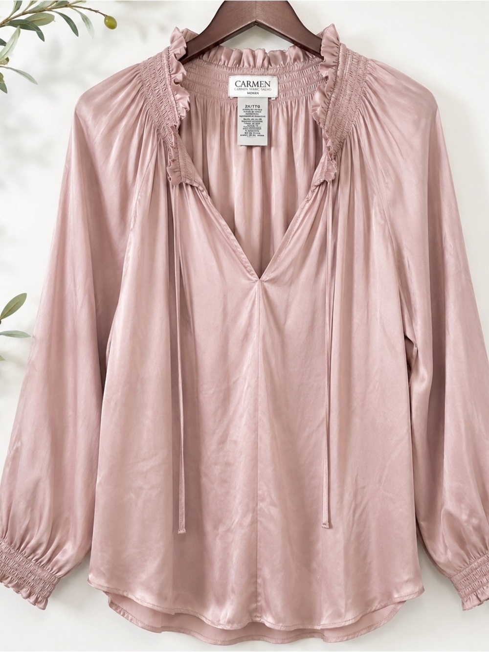 Carmen Marc Valvo Peasant Blush Pink Satin Blouse Romantic Balletcore Quiet Lux